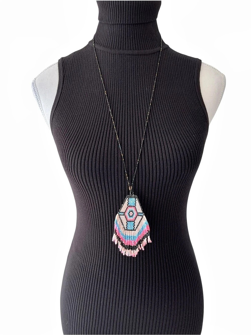 Beaded Handmade Geometric Pendant Necklace in Black & Pink